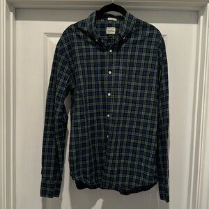 J Crew 100% Cotton Green + Navy Blue Plaid/Checkered Button Down Mens Large Slim